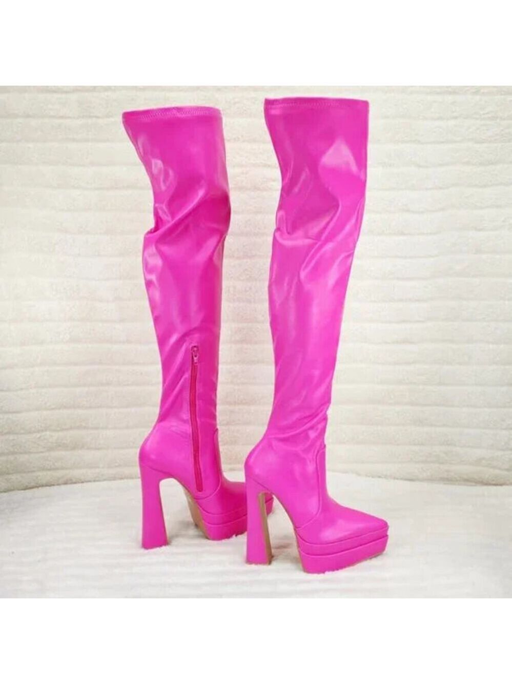 NIB Delicious Hot Pink Fuchsia Pointy Toe Platform High Heel Stretch Thigh Boots